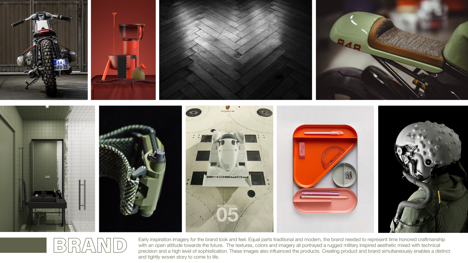 Terrascout brand moodboard combining an olive and charcoal palette with motorcycles, product details, outdoor equipment and tactile materials.