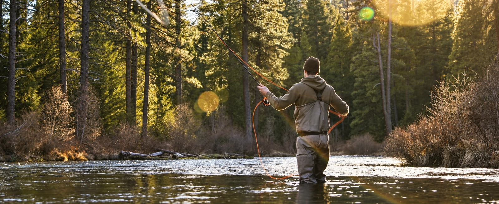 A man fly-fishing in a forest river, wearing olive outerwear and waders in warm morning light.