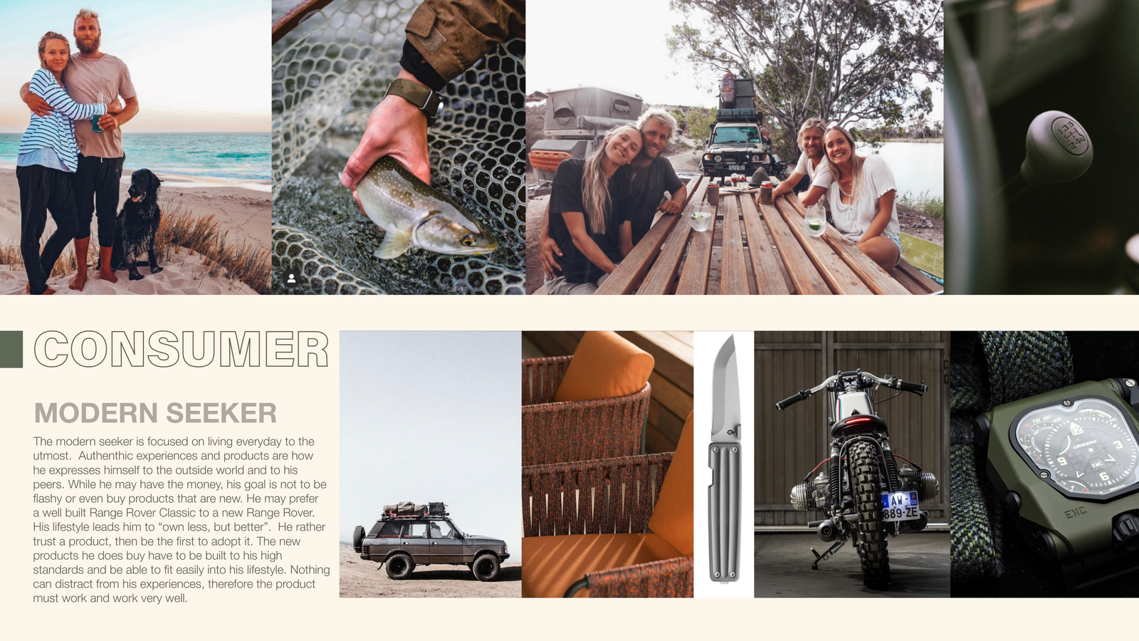Terrascout audience moodboard titled The Modern Seeker, showing time outdoors, fishing, shared meals, craftsmanship and useful objects.