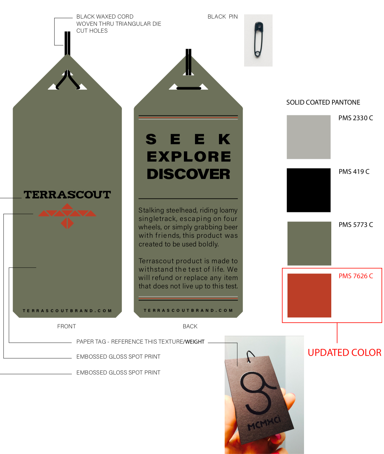 Hang-tag specification: Seek. Explore. Discover.