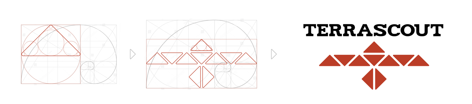 Construction studies use a golden-ratio grid and triangular geometry to develop the Terrascout mark, shown alongside the resolved red symbol and black wordmark.