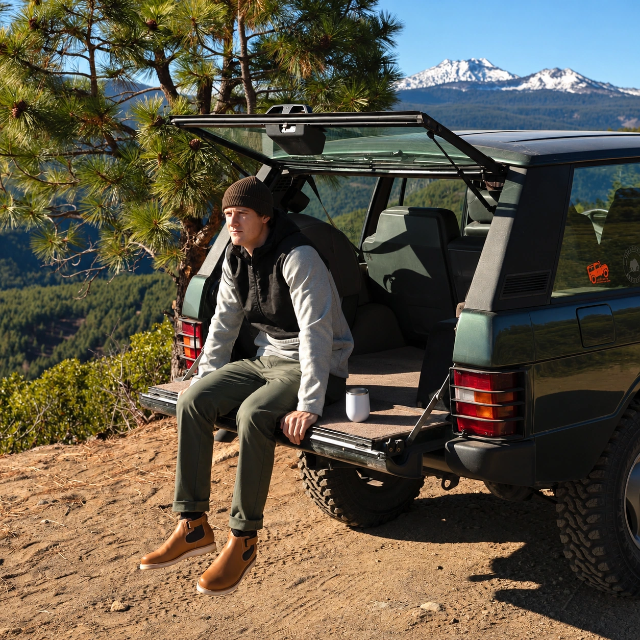 A model wearing the Terrascout gray and dark-panel anorak, olive trousers and tan ankle boots sits on the open tailgate of a green Range Rover, with pine forest and snowcapped mountains beyond.