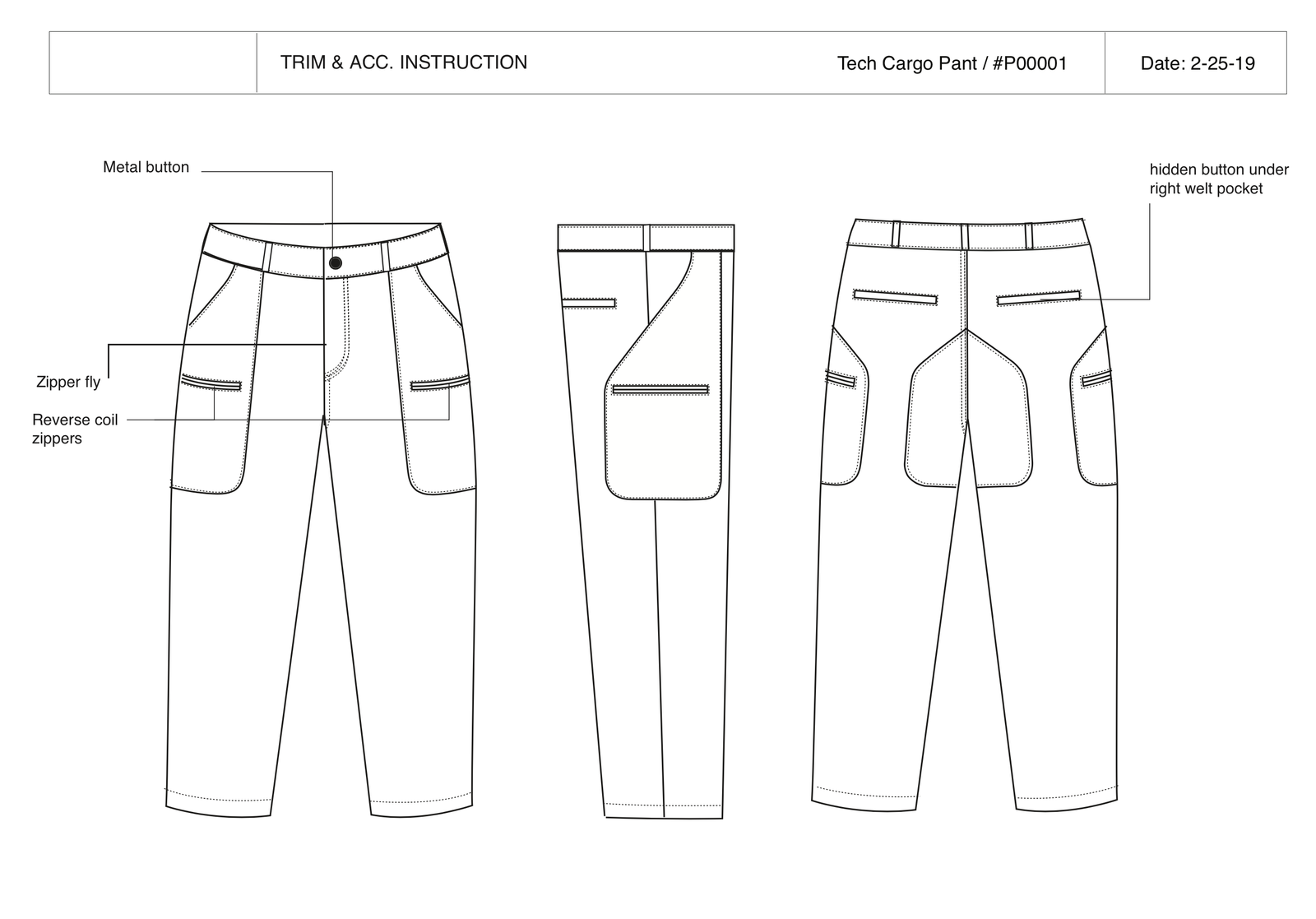 Tech cargo pant: Trim and construction specification