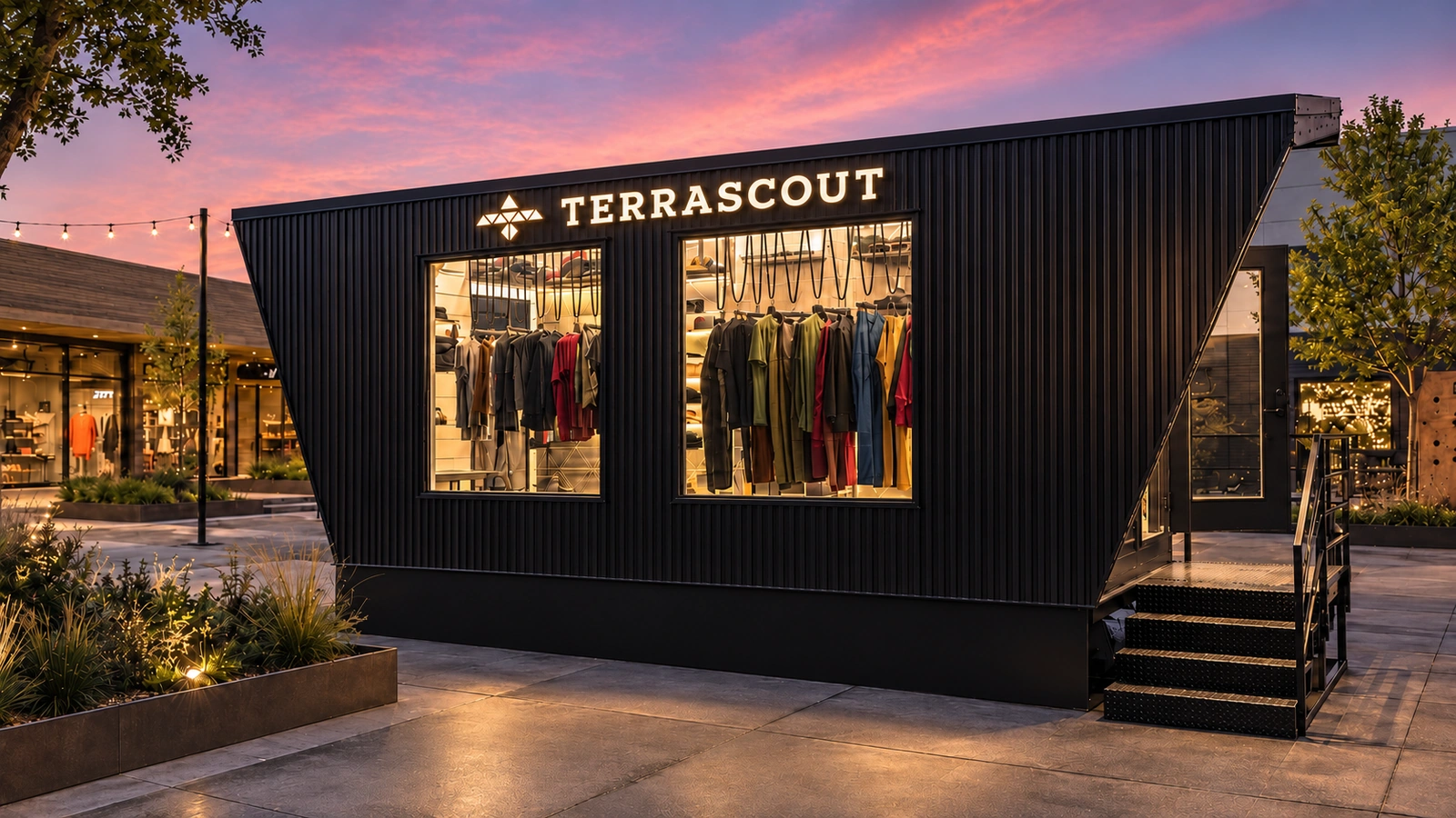 Twilight view of Terrascout’s black corrugated mobile shop, with an illuminated wordmark and geometric mark, apparel in two display windows and steps to the side entrance.