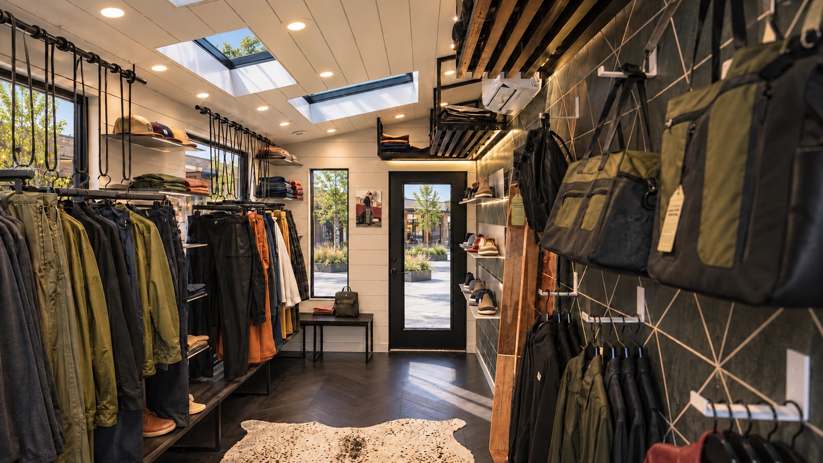 Daylight view of the complete mobile shop, with apparel on suspended rails, bags and footwear along a geometric wall, skylights above and a landscaped plaza beyond the glass.