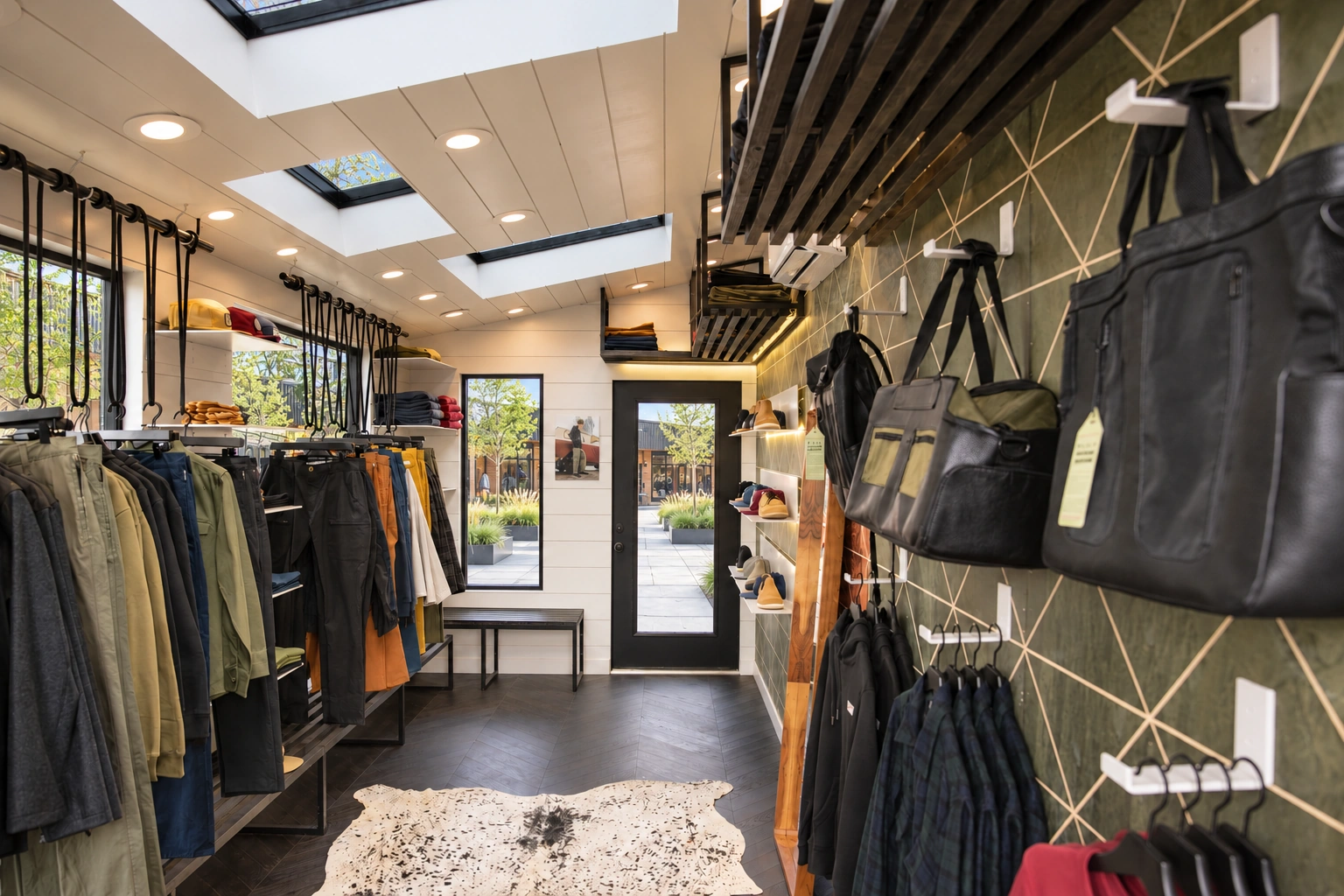 Daylight view through the mobile shop, with apparel on rope-suspended rails opposite black and olive bags and footwear, and a landscaped pedestrian courtyard visible outside.