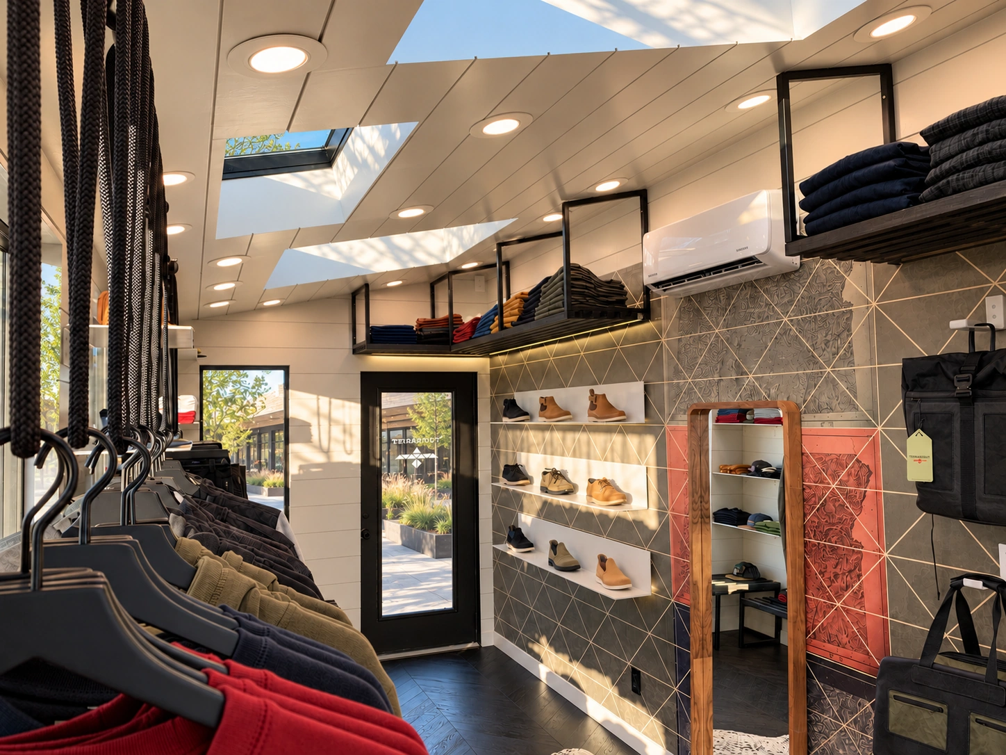Hanging apparel, illuminated footwear shelves, folded garments, a wood-framed mirror and bags against the shop’s geometric map wall, with the daylight courtyard beyond the door.