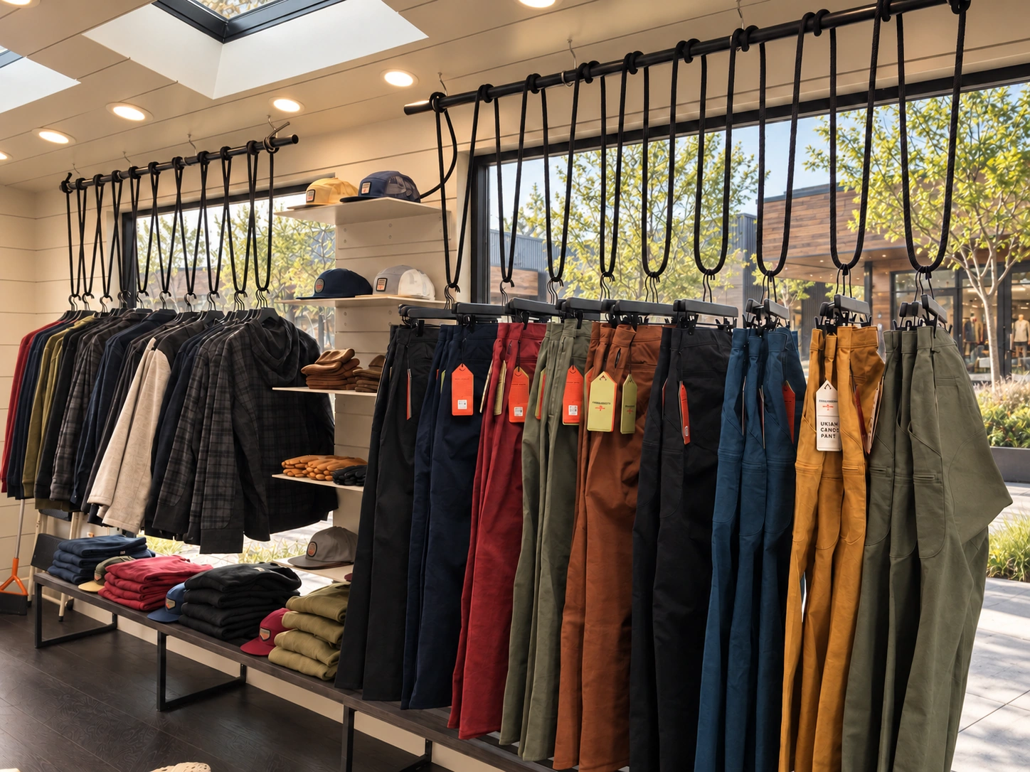 Jackets and utility trousers on rope-suspended hangers, folded garments on benches and hats and gloves on white shelves, against windows overlooking a landscaped plaza in daylight.