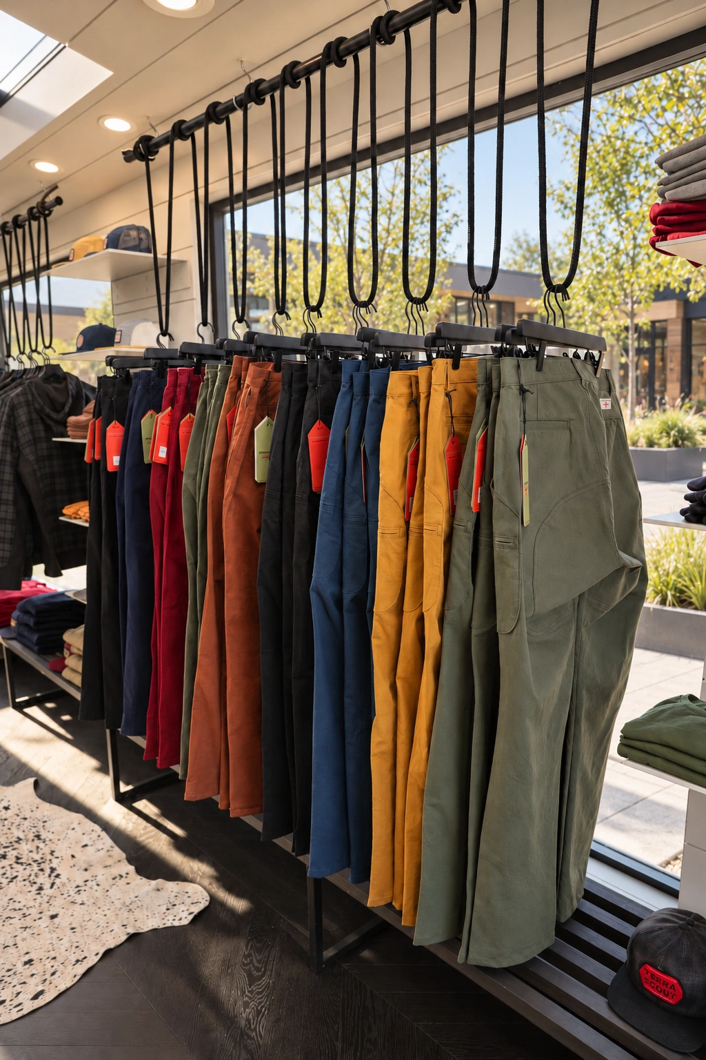Utility trousers in dark, burgundy, olive, rust, navy and ochre colors hang from rope loops in front of windows overlooking the daylight courtyard.