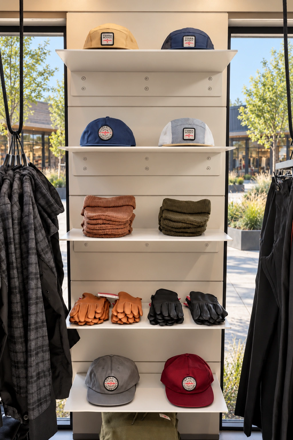 White accessory shelves display branded caps, stacks of knit hats and tan and black gloves between hanging garments, with trees and paving visible outside in daylight.