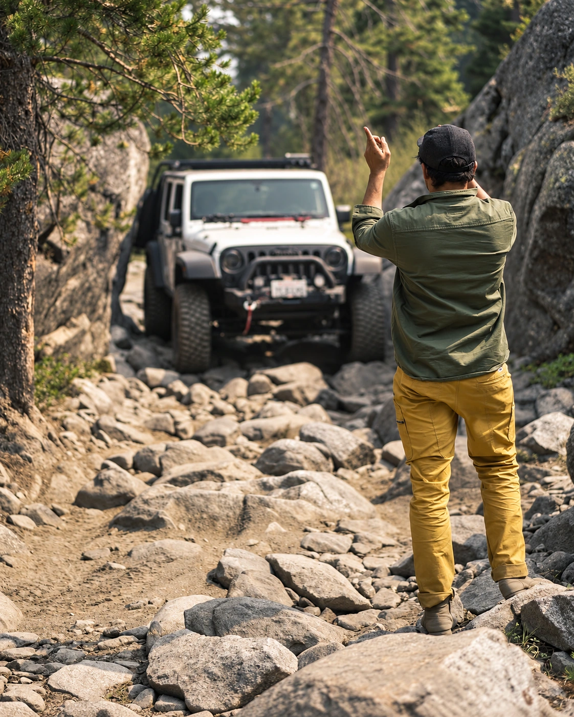 A man wearing an olive Terrascout overshirt, ochre utility trousers and dark cap guides a white Jeep along a rocky forest trail, showing the clothing in movement from behind.